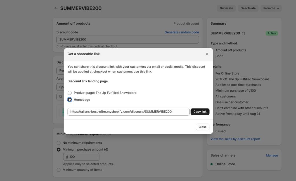 Shopify shareable discount link