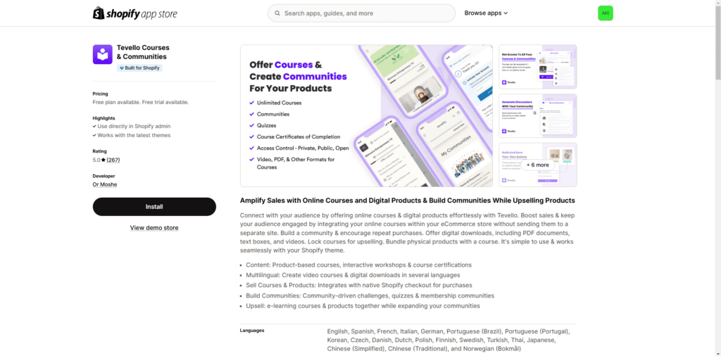 Tevello Shopify app