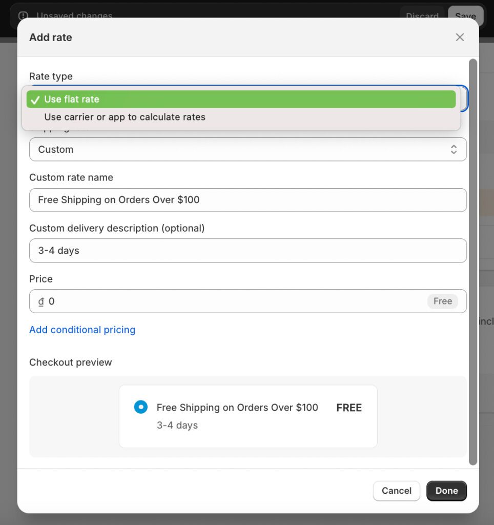 custom shipping rate