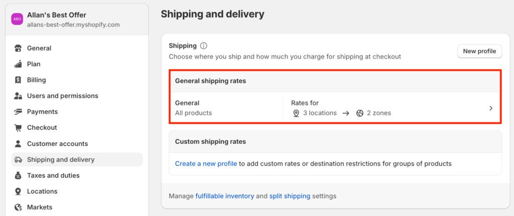Edit existing shipping profile