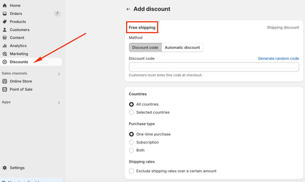 Create free shipping discount code