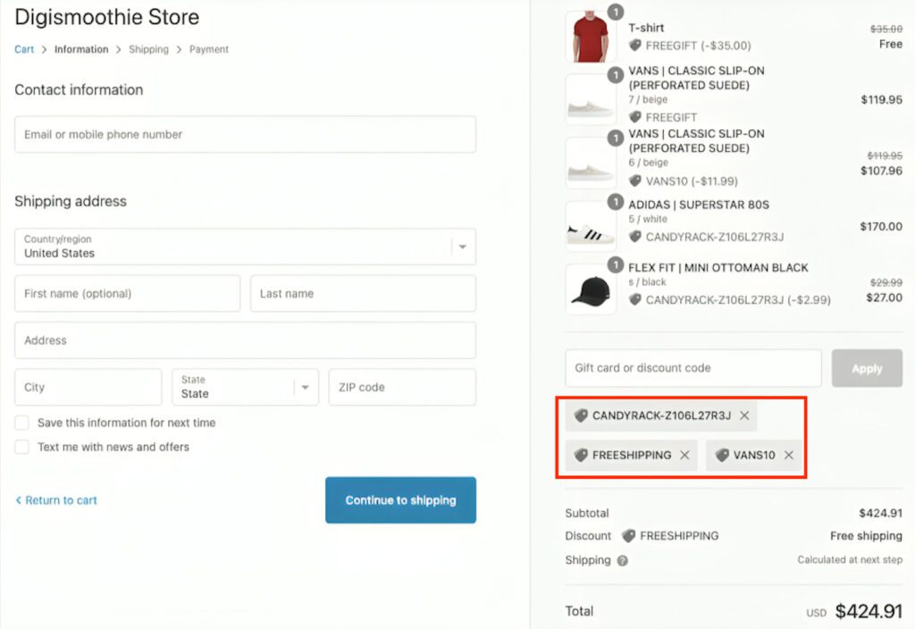 Stack and combine multiple discount codes at Shopify checkout page
