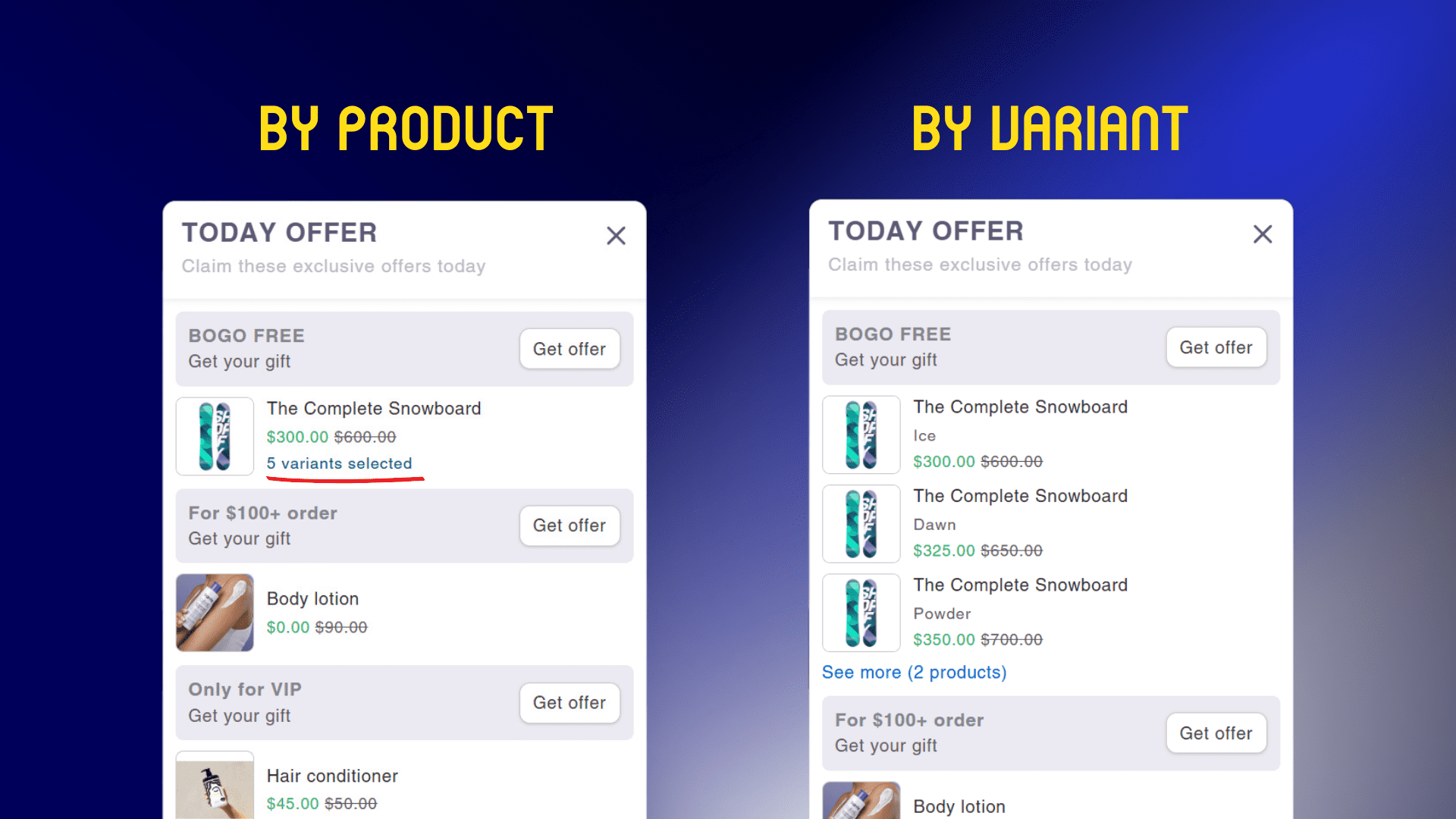choose to display gifts by product or by variant in an offer on the today offer widget
