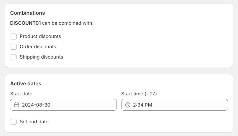 Discount combination and active dates