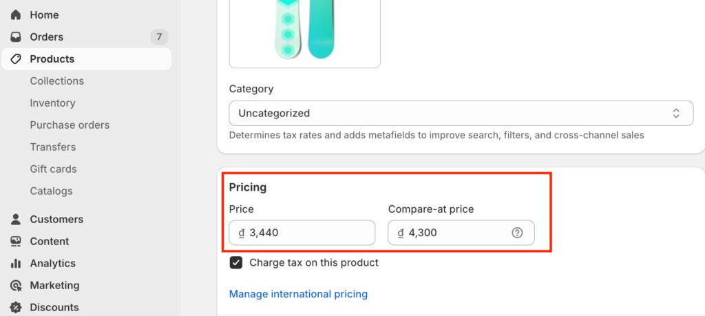 Set "Price" and "Compare at price"