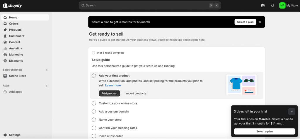 Shopify admin dashboard
