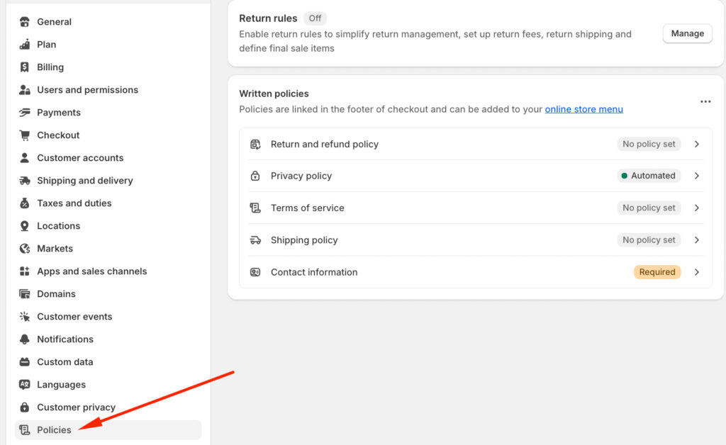 Set up business policies