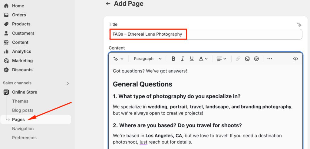 Create FAQs page